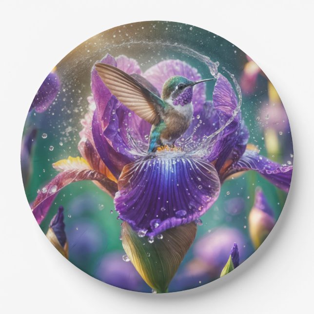 Hummingbird Bathing In an Iris Paper Plate (Front)
