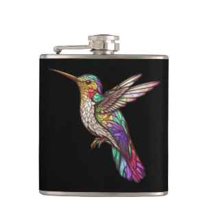 Hummingbird Bird Animal Portrait Stained Glass Art Hip Flask