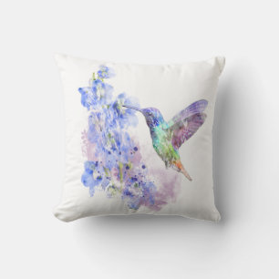 Hummingbird Bird & Blue Delphinium flowers Cushion