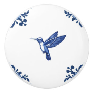 Hummingbird Bird Delft Blue and White Corners Ceramic Knob
