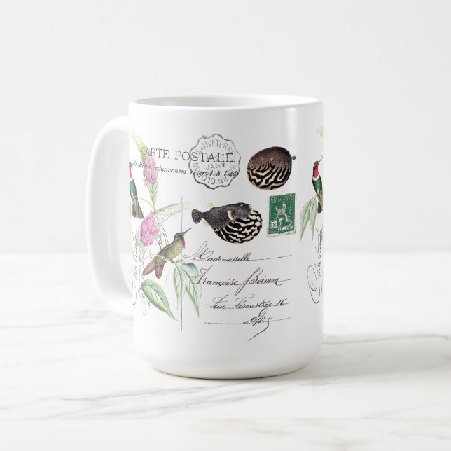 Hummingbird Bird Flower French Ephemera Fish Mug (Front Left)