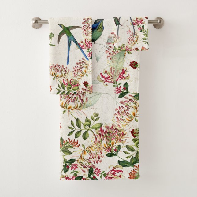 Hummingbird Bird Honeysuckle Flower Bath Towel Set (Insitu)