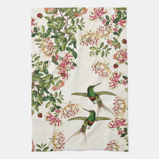 Hummingbird Bird Honeysuckle Flowers Kitchen Towel (Vertical)