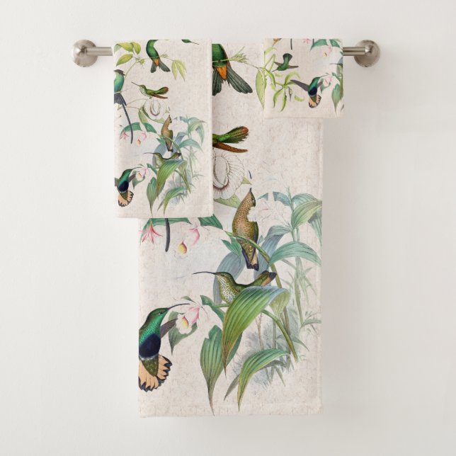 Hummingbird Bird Nest Orchid Flower Bath Towel Set (Insitu)