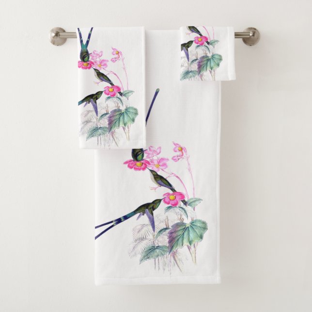 Hummingbird Bird Pink Flowers Bath Towel Set (Insitu)