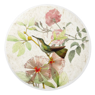 Hummingbird Bird Rose Flowers Ceramic Pull Knob