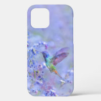 Hummingbird Bird & Soft Blue Garden Flowers