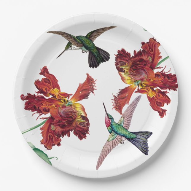 Hummingbird Bird Tulip Flowers Paper Plate (Front)