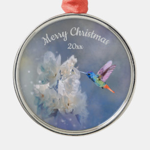 Hummingbird Bird White Garden Flower Christmas  Metal Ornament