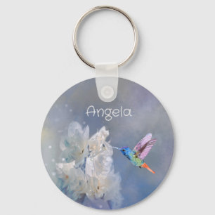 Hummingbird Bird White Garden Flower Name Keychain