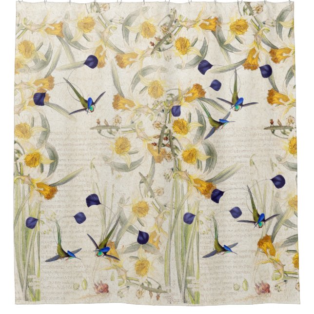 Hummingbird Birds Daffodil Flowers Shower Curtain (Front)