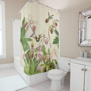 Hummingbird Birds Ladys Slipper Orchid Flowers Shower Curtain