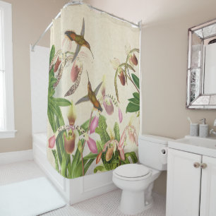 Hummingbird Birds Ladys Slipper Orchid Flowers Shower Curtain