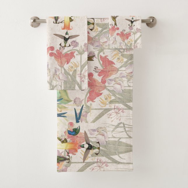 Hummingbird Birds Lily Flower Bath Towel Set (Insitu)