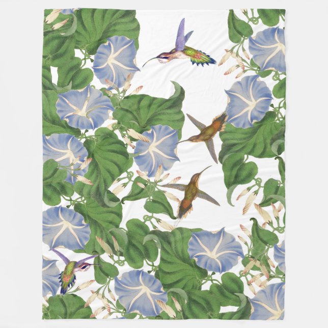 Hummingbird Birds & Morning Glory Flowers Floral Fleece Blanket (Front)