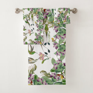 Hummingbird Birds Orchid Flower Bath Towel Set