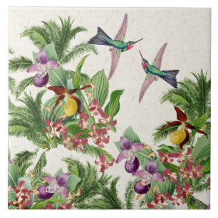 Hummingbird Birds Orchid Flowers Ceramic Tile