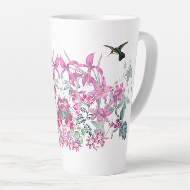 Hummingbird Birds Pink Garden Flowers Latte Mug (Right Angle)