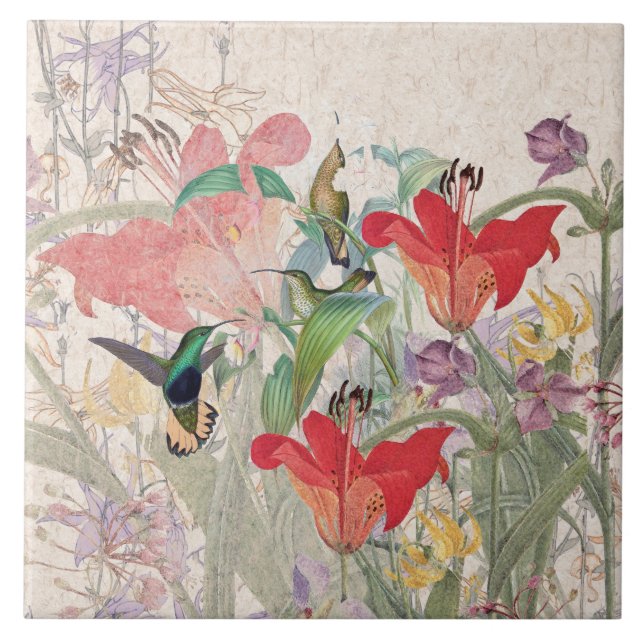 Hummingbird Birds Red Lily Columbine Flowers Tile (Front)
