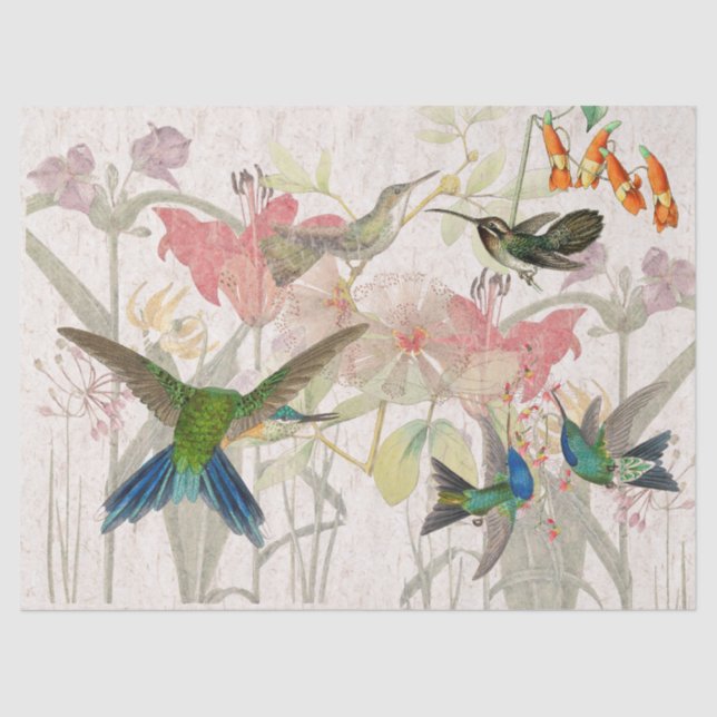 Hummingbird Birds Red Lily Flowers Tissue Paper (Front)