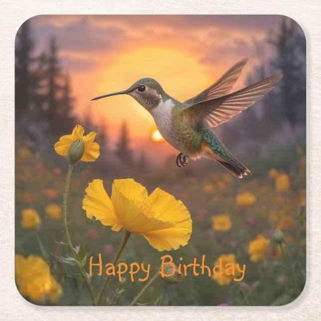 Hummingbird Birthday  Square Paper Coaster (Front)