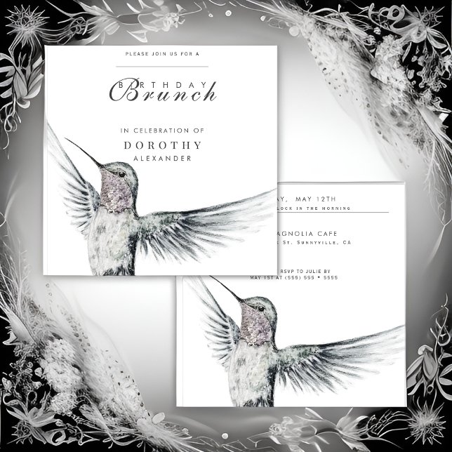 Hummingbird Black and White ANY Birthday Brunch Invitation (Creator Uploaded)