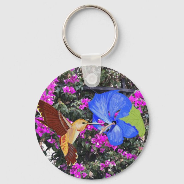 Hummingbird, Blue Hibiscus, & Bougainvillea Key Ring (Front)