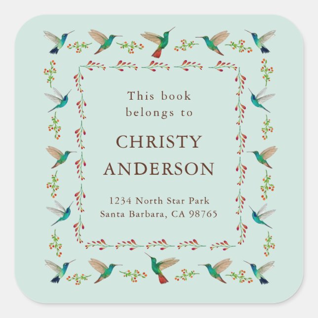 Hummingbird Bookplate Square Sticker (Front)