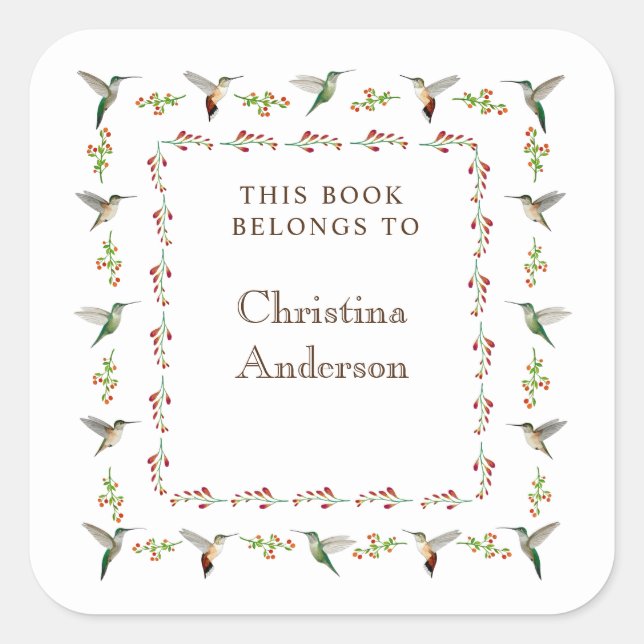  Hummingbird Bookplate Square Sticker (Front)