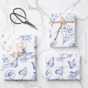 Hummingbird & Butterfly Floral Toile Blue Wrapping Paper Sheet