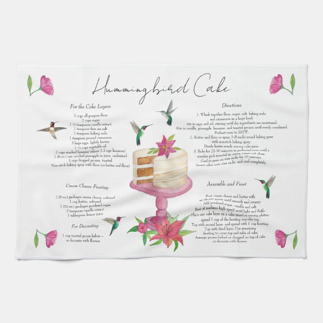 Hummingbird Cake Recipe Tea Towel (Horizontal)