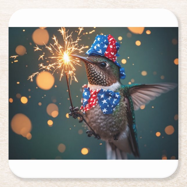 Hummingbird Celebrating Fourth of July Square Paper Coaster (Front)
