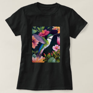 Hummingbird Colourful Flowers Art T-Shirt