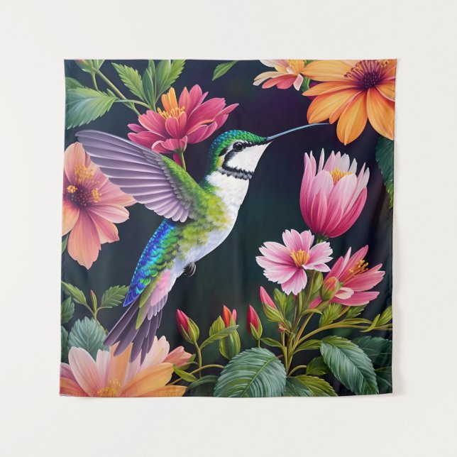 Hummingbird Colourful Flowers Art Tapestry (Front)