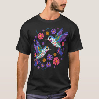 Hummingbird Colourful Mexican Flowers Bird Floral T-Shirt