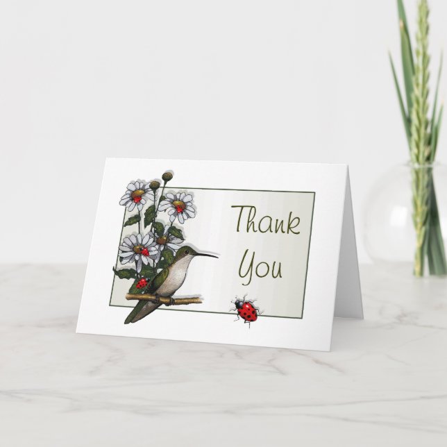 Hummingbird, Daisies, Ladybugs: Thank You Card (Front)