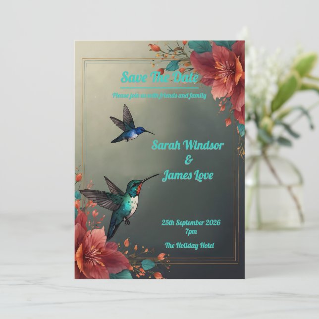 Hummingbird Dark Botanical Theme Invitation (Standing Front)