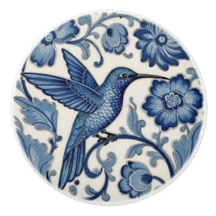 Hummingbird Delft Blue and White Bird Ceramic Knob