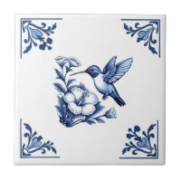 Hummingbird Delft Blue White Floral Corners Bird