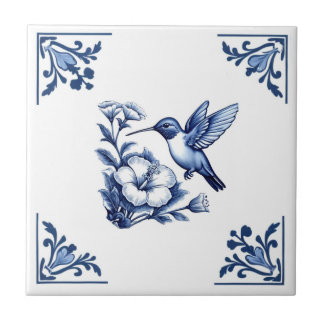 Hummingbird Delft Blue White Floral Corners Bird Ceramic Tile