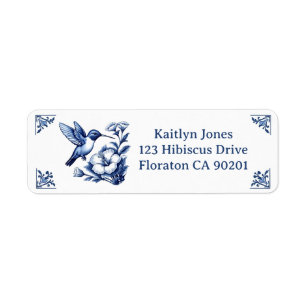 Hummingbird Delft Blue White Floral Corners Bird Return Address Label