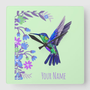 Hummingbird Design Botanical Flowers Bird Lovers Square Wall Clock