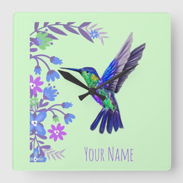Hummingbird Design Botanical Flowers Bird Lovers Square Wall Clock (Front)
