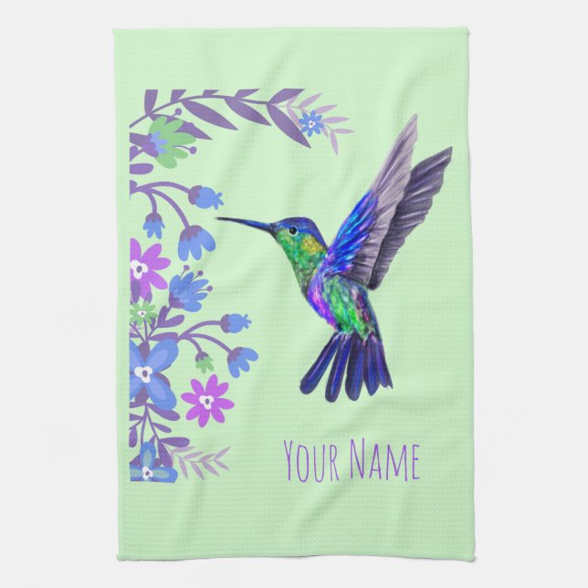Hummingbird Design Botanical Flowers Bird Lovers Tea Towel (Vertical)