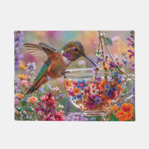 Hummingbird Drinking Nectar from Floral Teacup Doormat