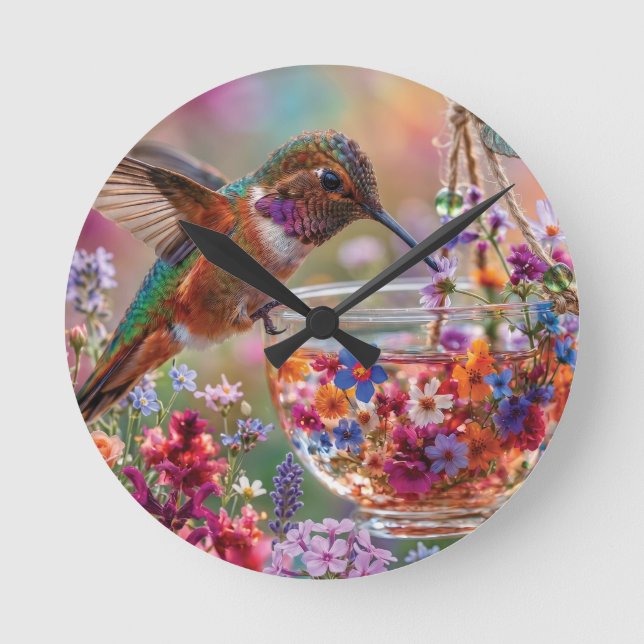 Hummingbird Drinking Nectar from Floral Teacup Round Clock (Front)