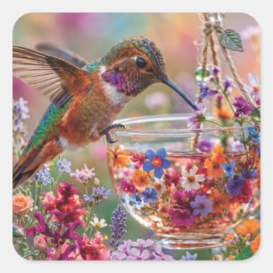 Hummingbird Drinking Nectar from Floral Teacup Square Sticker