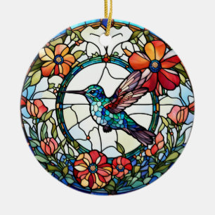Hummingbird Faux Stained Glass Bird Ceramic Ornament