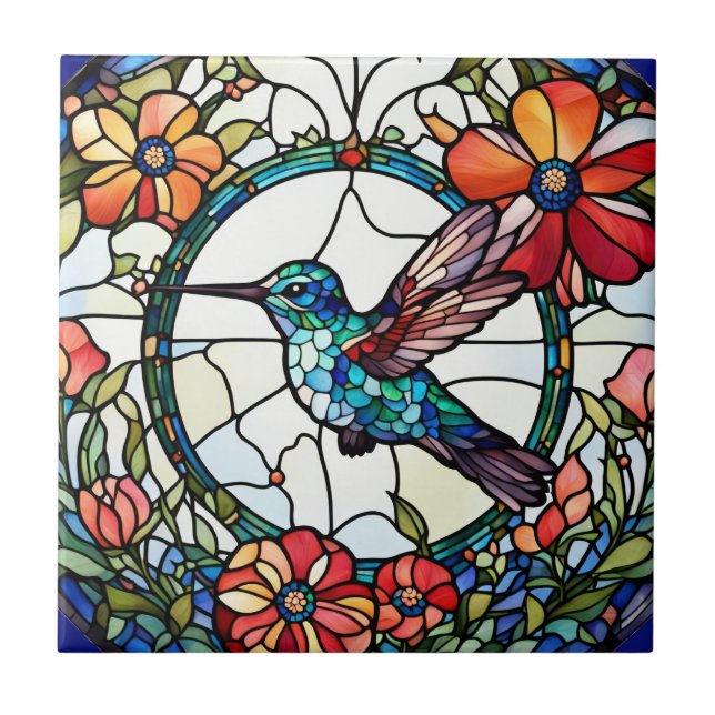 Hummingbird Faux Stained Glass Bird Ceramic Tile (Front)