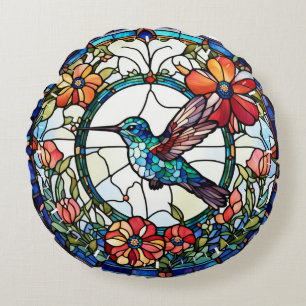 Hummingbird Faux Stained Glass Bird Round Cushion